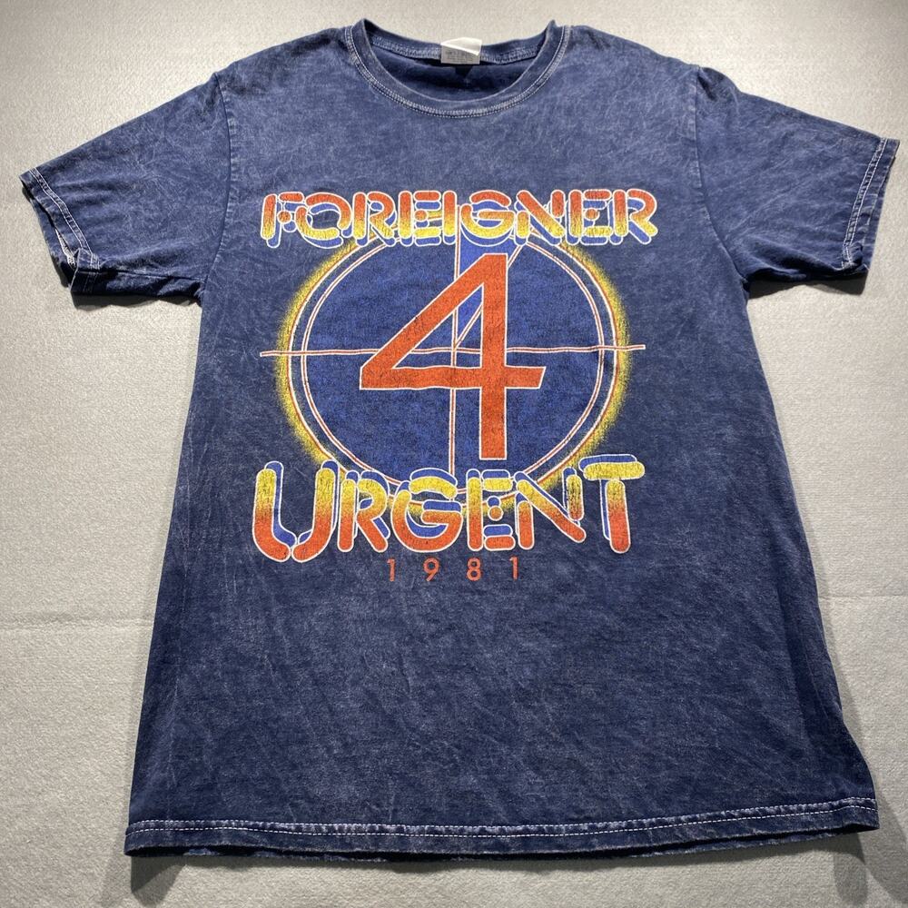 Vintage Foreigner 4 Urgent Concert Tee Women’s Small Navy Blue Marbled